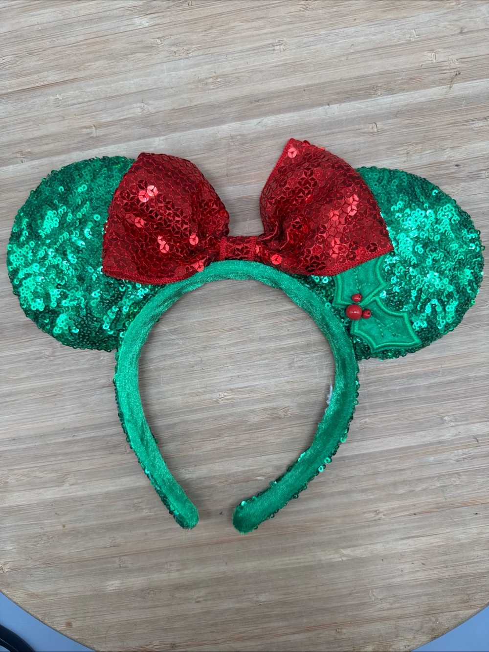 Disney Parks Minnie Red Sequined w/ Green Bow Holiday Ear Headband Christmas